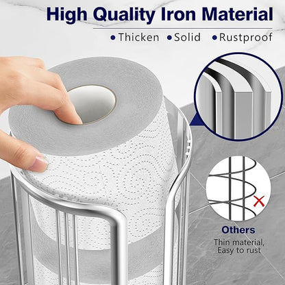 Toilet Paper Holder Stand, Freestanding Bathroom Tissue Organizer, Minimalistic Storage Solution, Reserve Mega Rolls,Stylish Bathroom Floor Toilet Paper Stand Silver