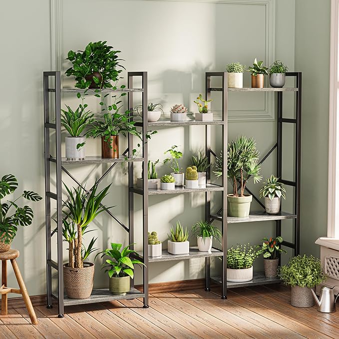 SUPERJARE Triple Bookshelf, Bookcase with 11 Open Display Shelves, Wide Book Shelf Book Case for Home & Office, 4 Tier, Grey