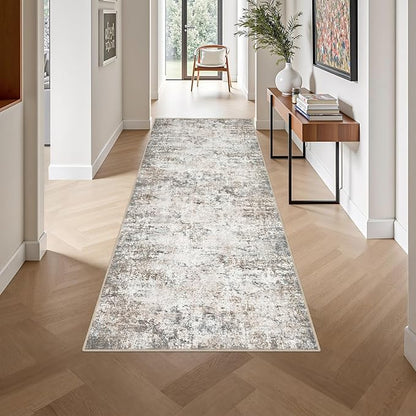 Washable Area Rug 3x8 Entryway Rug: Washable Modern Abstract Soft Thin Rug Indoor Floor No Slip Stain Resistant Carpet for Bedroom Dining Room Farmhouse Nursery Home Office - Brown Grey