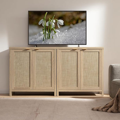 SICOTAS Rattan Cabinet Sideboard Buffet Storage Cabinet - 3 Pieces Farmhouse Boho Credenza Coffee Bar Cabinet with Rattan Decorated Doors for Kitchen Living Room - Light Oak