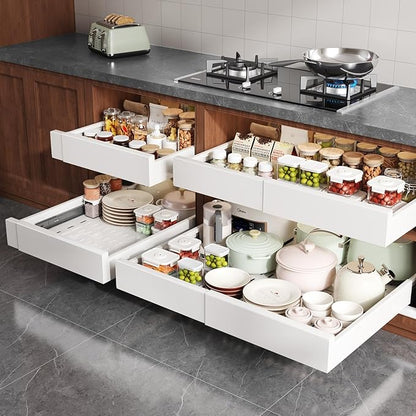 Seinloes Pull Out Cabinet Organizer,4-Side Expandable to Maximize Cabinet Space,Slide Out Drawers with 3 Rail Design,Roll Out Shelf with Raising Pad for Framed Cabinet,15"-25"W x 17"-24"D,White,2 Pack