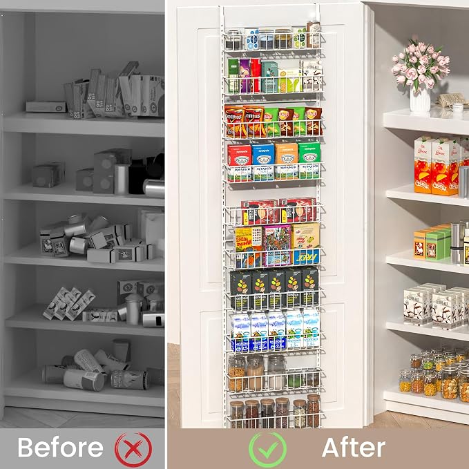 ElegantArray 10-Tier Pantry Door Oragnizer, Over The Door Pantry Organizer Rack and Storage, Hanging Spice Rack Shelves Door, Home Office Laundry Room Bathroom & Kitchen Organization, White