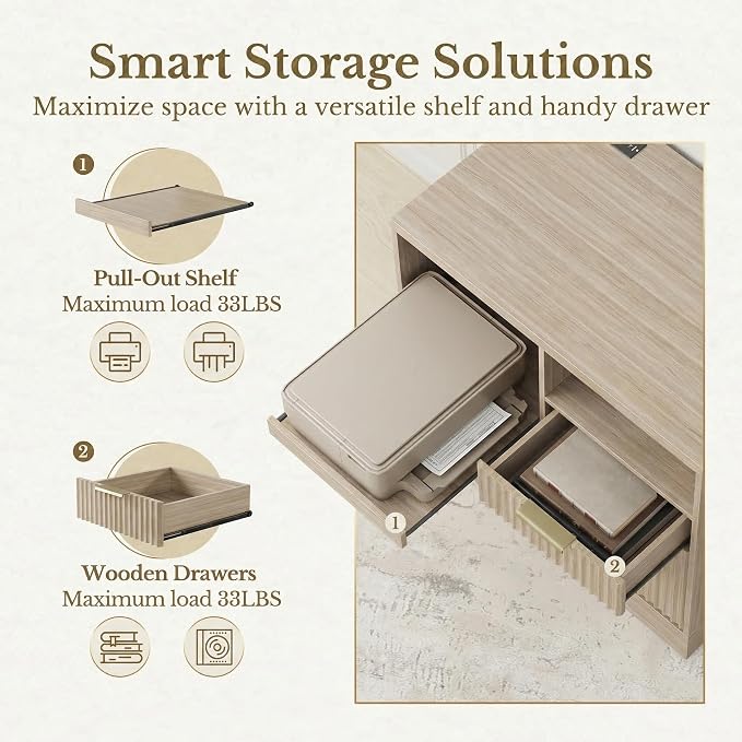 3 Drawer File Cabinet, Fluted Filing Cabinet for Home Office with Charging Station, Wooden Office Cabinet Fits for A4/Letter-Sized Files, Printer Stand with Storage Shelves, Light Oak