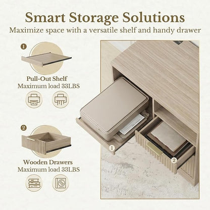 3 Drawer File Cabinet, Fluted Filing Cabinet for Home Office with Charging Station, Wooden Office Cabinet Fits for A4/Letter-Sized Files, Printer Stand with Storage Shelves, Light Oak