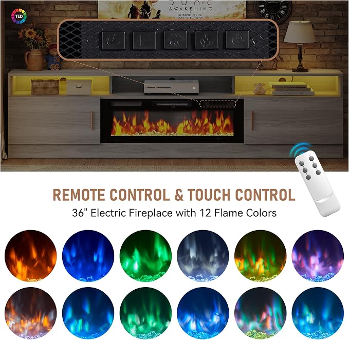 MXV 78" Fireplace TV Stand with Power Outlet for TVs UP to 90", Electric Fireplace Entertainment Center with LED Lights & Storage Cabinets, TV Console for Living Room, Office, Grey-Black