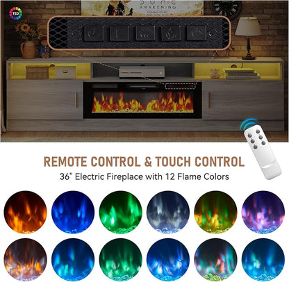 MXV 78" Fireplace TV Stand with Power Outlet for TVs UP to 90", Electric Fireplace Entertainment Center with LED Lights & Storage Cabinets, TV Console for Living Room, Office, Grey-Black