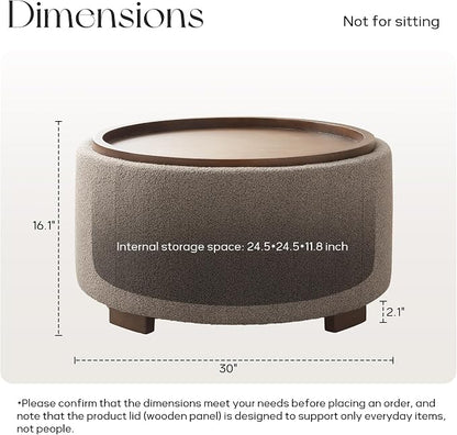 Zihanhome 30 Inch Round Storage Ottoman Coffee Table, Modern Boucle Ottoman with Lift-Off Lid and Solid Wood Legs for Living Room, Bedroom, Corners, Apartments (Brown)