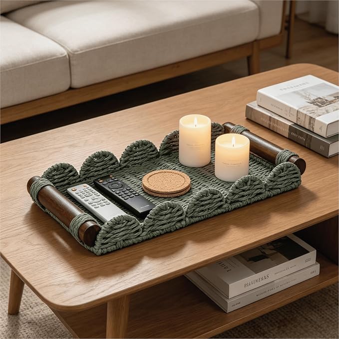 CubesLand Bathroom Toilet Paper Tray Organizer, Scalloped Decorative Tray w/Wood Handle for Counter, Shelves, Wicker Tray for Farmhouse Rustic Home Decor, Coffee Table Decor, Seasonal Decor, Green