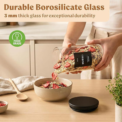 EDELHAUS Glass Storage Containers with Black Lids [Extra Thick Glas] with 54 Labels - Canister For Pantry Noodles Flour Cereal Rice Sugar Tea Coffee Beans - Round Set of 5x
