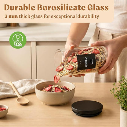 EDELHAUS Glass Storage Containers with Black Lids [4x40oz] Extra Thick Glas with 54 Labels - Canister For Pantry Noodles Flour Cereal Rice Sugar Tea Coffee Beans - Round Set