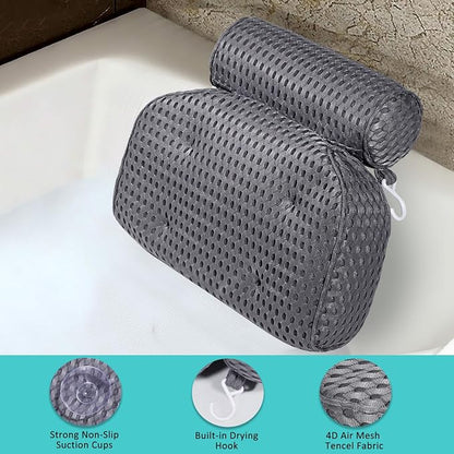 Bath Pillow for Tub Support Neck and Back, Bathtub Pillow Bath Accessories for Bathtub Women, Hot Tub Accessories for Adults Gray