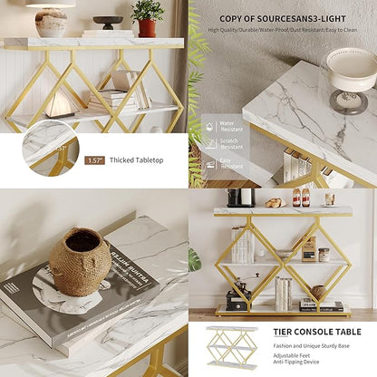 Garvee 3-Tier Entryway Table, Industrial Console Sofa Table with Storage, Accent Table with Open Shelves, Diamond-Shaped Gold Metal Frame, Foyer Table for Entryway, Hallway, Foyer, Living Room, White
