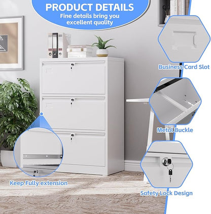 Lateral File Cabinet 3 Drawer,Metal Filing Cabinet with Locks and Business Card Slot for Home Office Hanging Letter/Legal Size Folders,Required Assembly,White