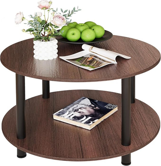 23.6" Round Coffee Table, 2-Tier Small Circle Coffee Table with Storage, Modern Center Accent Table with Metal Frame, Side Table End Table for Small Space, Living Room, Office, Walnut