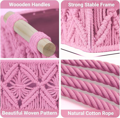Nonam Macrame Storage Baskets, Boho Decor Style Woven Storage Boxes for Home Organization, Toilet Tank Shelf Cabinet Organizer Baskets,Set of 2,Rectangle,Pink