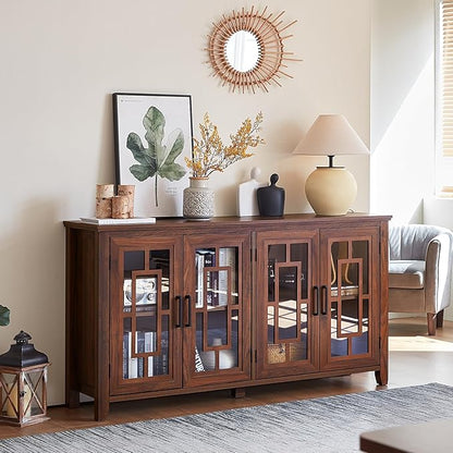 Large Sideboard Buffet Cabinet with Storage, 63" Farmhouse Brown Kitchen Coffee Wine Bar Cabinet with 4 Glass Doors, Wood Mid Century Modern Side Board Table for Dining Room, Living Room