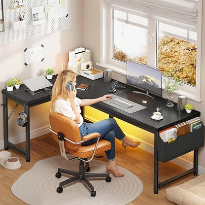 63 Inch L Shaped Desk Gaming Desk with Power Outlets & 0.95 Inch Thicker Desktop & Lights, Computer Desk with Storage Bag, Reversible Office Corner Desk for Home Office,Living,Bedroom,Black