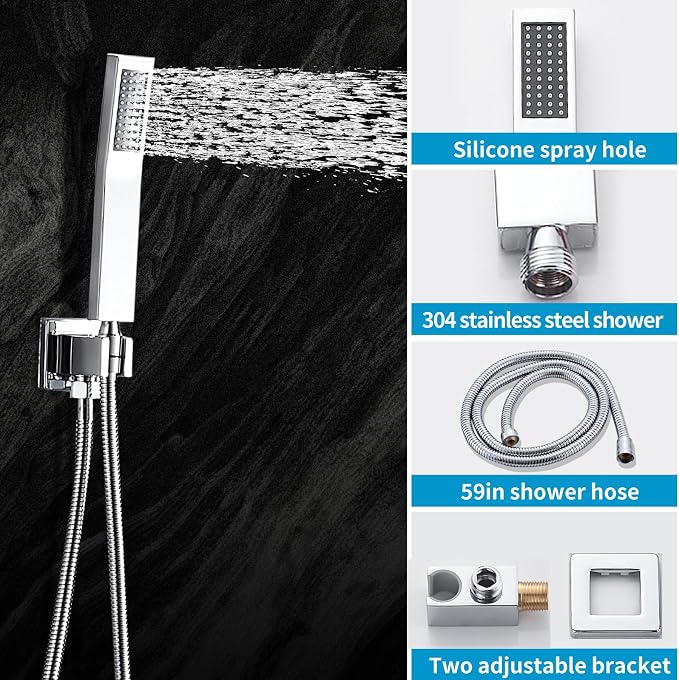 Chrome Shower Faucet Set with Tub Spout 8 Inch, Shower Head and Handle Set with 2 Hooks, Tub and Shower Faucet Combo, Rain Shower and Handheld Shower System Square Wall Mount for Bathroom