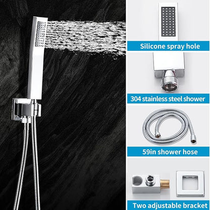 Chrome Shower Faucet Set with Tub Spout 8 Inch, Shower Head and Handle Set with 2 Hooks, Tub and Shower Faucet Combo, Rain Shower and Handheld Shower System Square Wall Mount for Bathroom