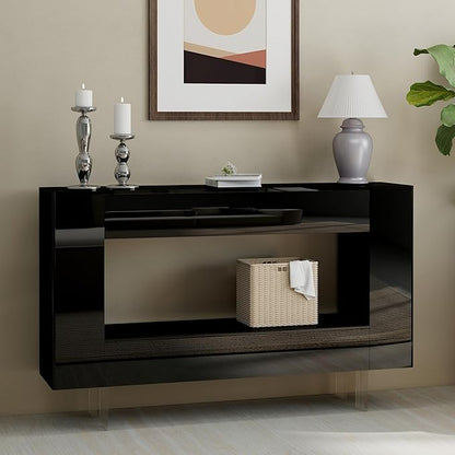 47" High Gloss Console Table with Hidden Side Storage Cabinets, Adjustable Shelves, Modern Black Entryway Sofa Table for Behind The Couch, Living Room, Hallway, Black