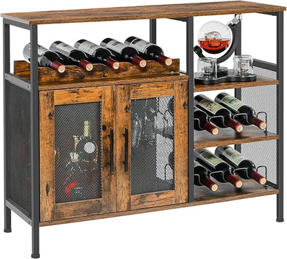 X-cosrack Wine Bar Rack Cabinet with Detachable Wine Rack, Coffee Bar Cabinet with Glass Holder, Small Sideboard and Buffet Cabinet with Mesh Door, Rustic Brown, Large
