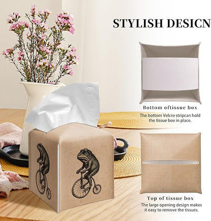 Grace Yonks Retro Tissue Box Cover Square - Frog on Penny-Farthing Design 5.2" PU Leather Holder for Vanity, Desk, or Bathroom Counter - Cube Case for Facial Tissues. (116)