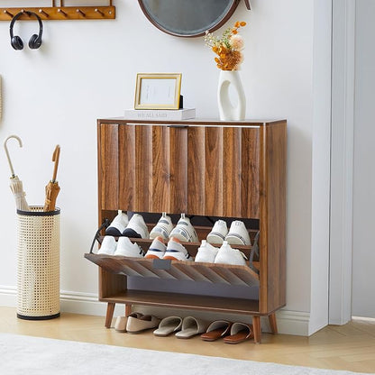 31.5” Fluted Shoe Cabinet Storage with 2 Flip Drawers,Narrow Freestanding Shoe Storage Organizer,Slim Shoe Rack Cabinet for Entryway,Hallway (Walnut)