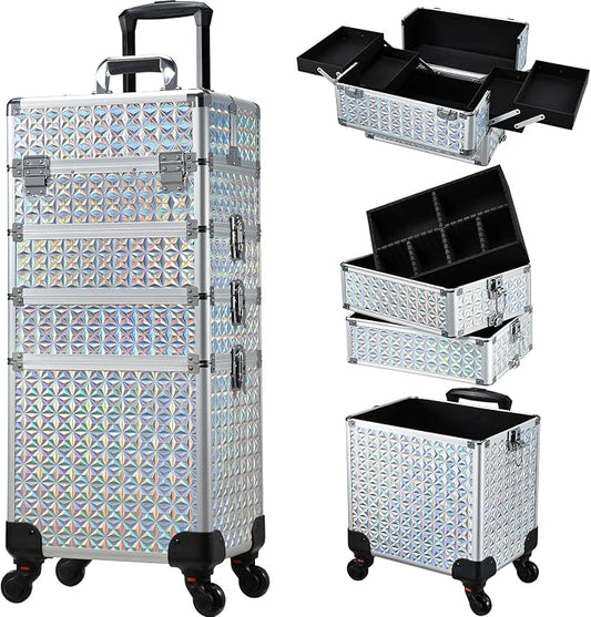 Stagiant Rolling Makeup Case Cosmetology Case on Wheels 4 in 1 Large Cosmetic Organizer Train Case Makeup Travel Case with Key Nail Artist Salon Storage Traveling Cart Big Trunk Shiny Silver