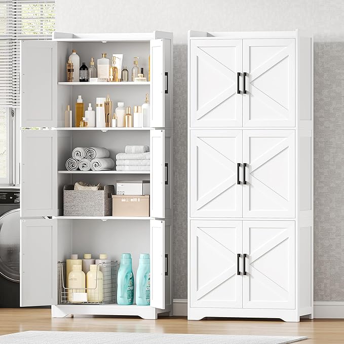 Akxomel Tall Bathroom Storage Cabinet, Bathroom Floor Cabinet with 6 Barn Doors, 11.6''D x 22.6''W x 60.2''H, Adjustable Shelves, Linen Pantry Cabinet, for Kitchen Living Room, Entryway, White