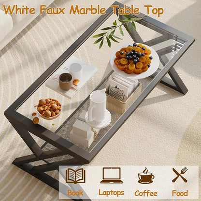 Wolawu Glass Coffee Table Living Room Table with Storage Shelf, Black Glass Table Simple Modern Rectangular Tables with Sturdy Black Metal Frame,Industrial Glass Coffee Table for Bedroom Home Office