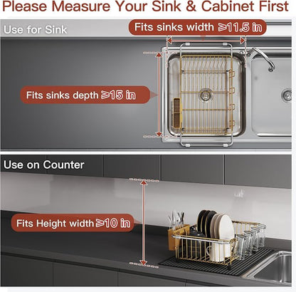 JASIWAY Gold Dish Drying Rack in Sink with Mat, Expandable Stainless Steel Dish Drainers for Kitchen Counter, Space Saving Dish Dryer for Inside Sink, Over Sink Dish Racks with Utensil Holder
