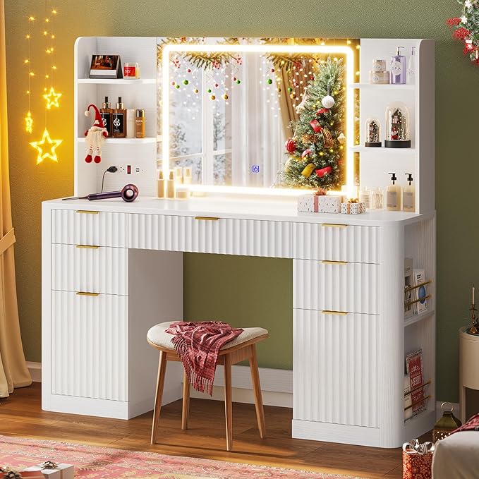 51.2" Fluted Makeup Vanity Desk with Large 30.3" Mirror and Lights, 5 Drawer Vanity with Power Strip, 6 Open Shelves, 2 Cabinet，Modern Dressing Table with Solid Wood Legs for Bedroom, White