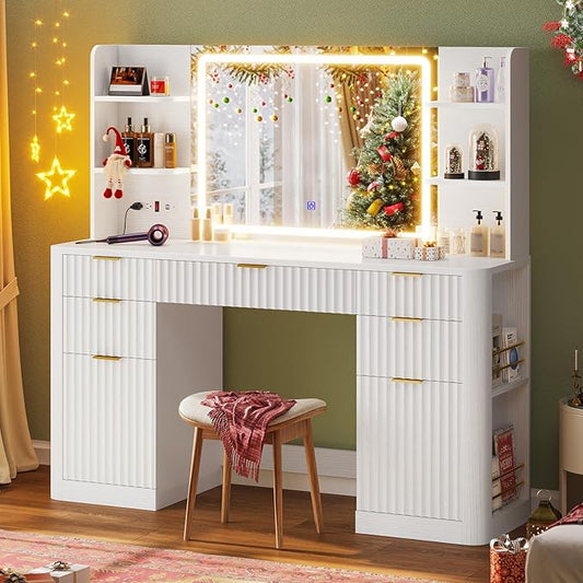 51.2" Fluted Makeup Vanity Desk with Large 30.3" Mirror and Lights, 5 Drawer Vanity with Power Strip, 6 Open Shelves, 2 Cabinet，Modern Dressing Table with Solid Wood Legs for Bedroom, White