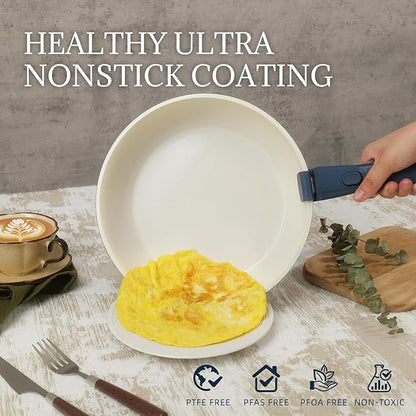 Ceramic Cookware Set Non Stick 8Pcs Pots and Pans Set Detachable Handle Induction Kitchen Cooking Set with Frying Pans Oven Dishwasher Safe, PFAS/PFOA Free, Navy