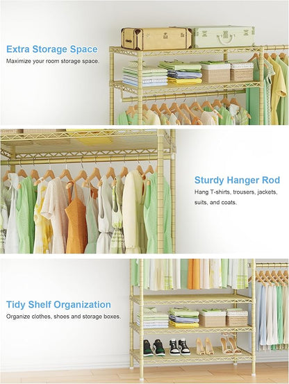 Ulif E11 Heavy-Duty Garment Rack, Metal Freestanding Clothes Rack and Closet Storage Organizer System with 8 Shelves and 4 Hanger Rods, (73.2-97.6)" W x 14.5" D x 71.2" H, Load 1034 LBS, Gold