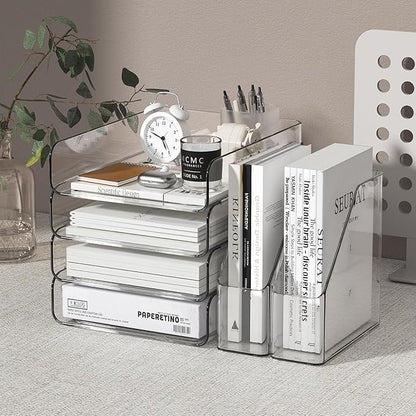 4-Tier Brown Acrylic Paper Tray Organizer for Desk + 2 Bookends – Stackable Letter Tray, Acrylic Desk Accessories/File Organizer, Office Paper Organizer