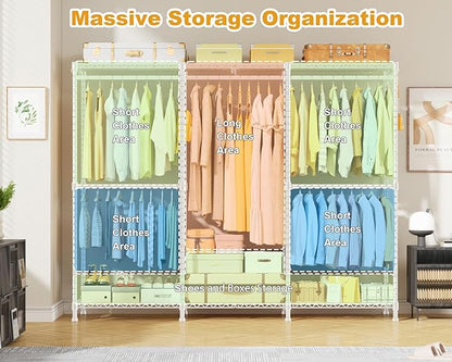 E14 Heavy Duty Clothes Rack，Freestanding Clothing Racks for Hanging Clothes，Adjustable Closet Organizers and Storage，Metal Garment Rack with Shelves 69" W x16 D x77 H，Max Load 960LBS，White