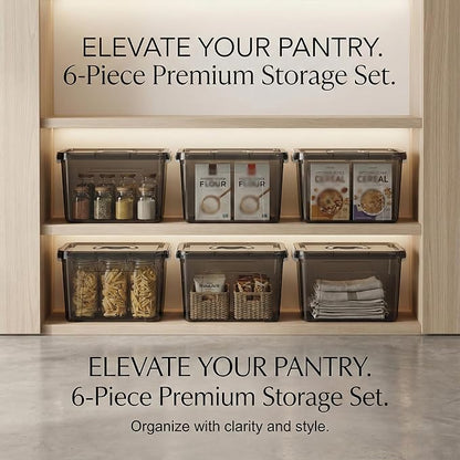 Stackable Plastic Black Storage Bins with Lids 6 Pack, 12 Quart Modular Organizer Boxes with Secure Latches for Closet, Pantry, Office and Small Item Storage