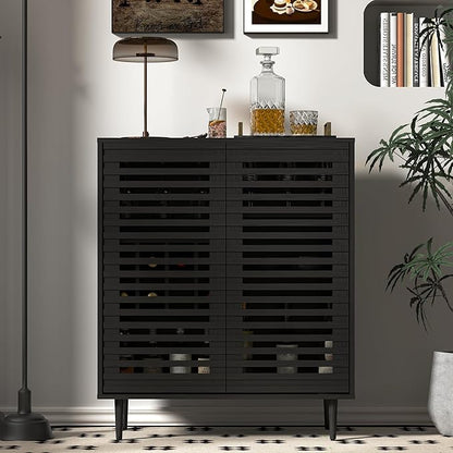 Mid Century Bar Cabinet with Wine Racks, Modern Liquor Cabinet with Slatted Doors for Dining Room, Living Room (Black)