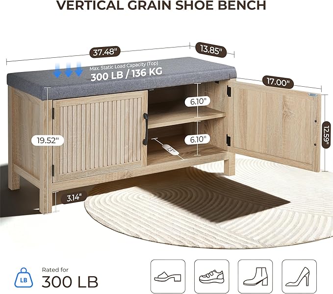 Shoe Storage Cabinet with Bench, Shoe Organizer with 2 Doors Shoe Rack Benches with Cushion for Front Door Entrance Entryway Living Room(Oak)