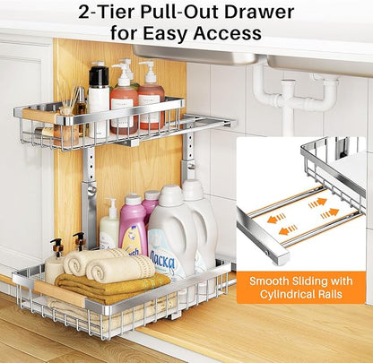 PXRACK Under Sink Organizer, Adjustable Height, 2 Tier Pull Out Cabinet Organizer, Slide Out Thickened Metal Storage for Kitchen Bathroom Laundry Pantry Cabinet, Stainless Steel, Silver, Large-2-Pack