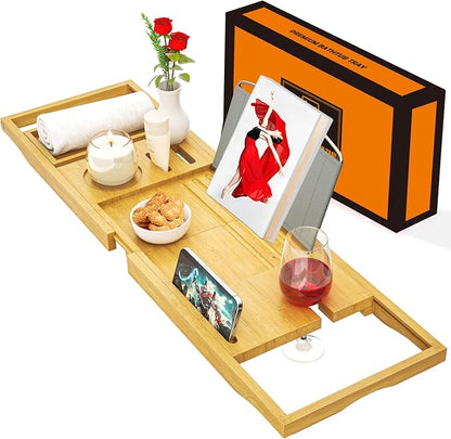 Banlilu Premium Natural Bamboo Expandable Bathtub Tray Caddy, Luxury Spa-Like Experience, Adjustable, Sturdy, Non-Slip, Foldable