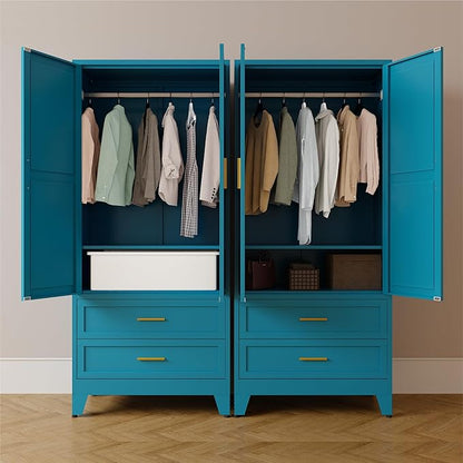 Metal Armoire Wardrobe Closet,71" Tall Blue Storage Cabinet with Hanging Rod,2 Drawers & Adjustable Shelves,Heavy-Duty Steel Wardrobe for Bedroom, Garage, and Office