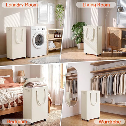 Slim Laundry Hamper with Wheels,20 Gal (75L) Rolling Laundry Basket with lid and wheels Clothes Hamper Foldable Tall Dirty Clothes Basket Sturdy Collapsible Clothes Hamper for Dorm,Laundry Room