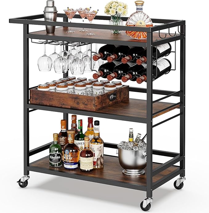 Leteuke Bar Cart for Home, 3 Tier Black Serving Rolling Carts with Wheels, Drink Cart, Liquor Stand with Removable Tray, Wine Rack and Glass Holder for Kitchen, Outdoor, Dining Room-Black Brown