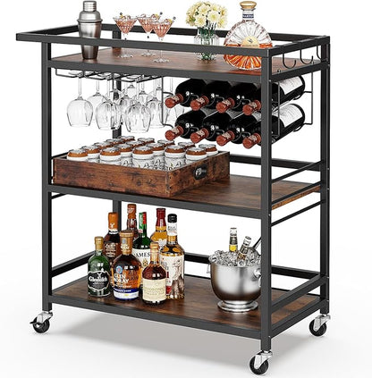 Leteuke Bar Cart for Home, 3 Tier Black Serving Rolling Carts with Wheels, Drink Cart, Liquor Stand with Removable Tray, Wine Rack and Glass Holder for Kitchen, Outdoor, Dining Room-Black Brown