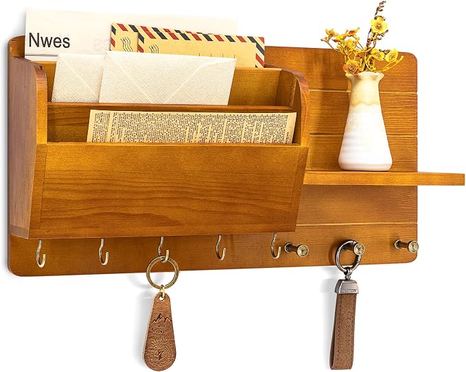 Rebee Vision Pine Wood Farmhouse Key Holder Wall Mount - Key Holder for Wall with Mail Slot Can Store Letters and 8 Hooks for hat Organizer - Ideal for Entryway Home Storage and Home Decor （Yellow）