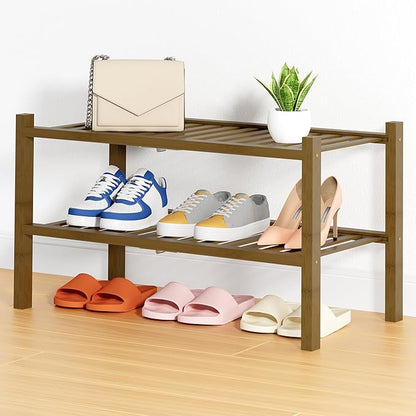 Smiry Bamboo Shoe Rack, 2 Tier Free Standing Wooden Shoe Organizer, Stackable Wood Shoe Storage Shelf for Closet, Entryway, 14 Vertical Slats, One-piece Heavy-Duty Legs, 26.8"x11"x13", Walnut