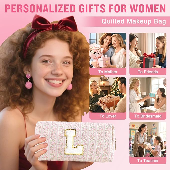 Personalized Quilted Cosmetic Bag, Puffy Monogrammed Christmas Birthday Gifts for Women & Girls, Cute initial Floral Makeup Bag Puffer Coquette Bag, Aesthetic Travel Toiletry Zipper Pouch(Pink,L)