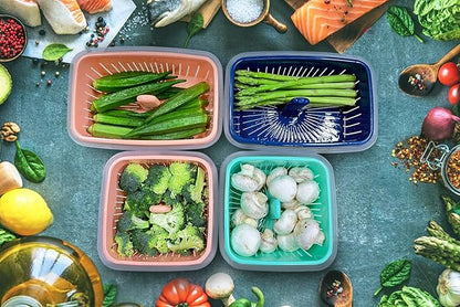 68oz Berry Keeper Fruit Storage Container for Fridge, Fresh Food Produce Saver Containers with Removable Drain Colanders, Vegetable Lettuce Keeper Bowl, Refrigerator Organizer, PRESS TO OPEN CLOSE LID